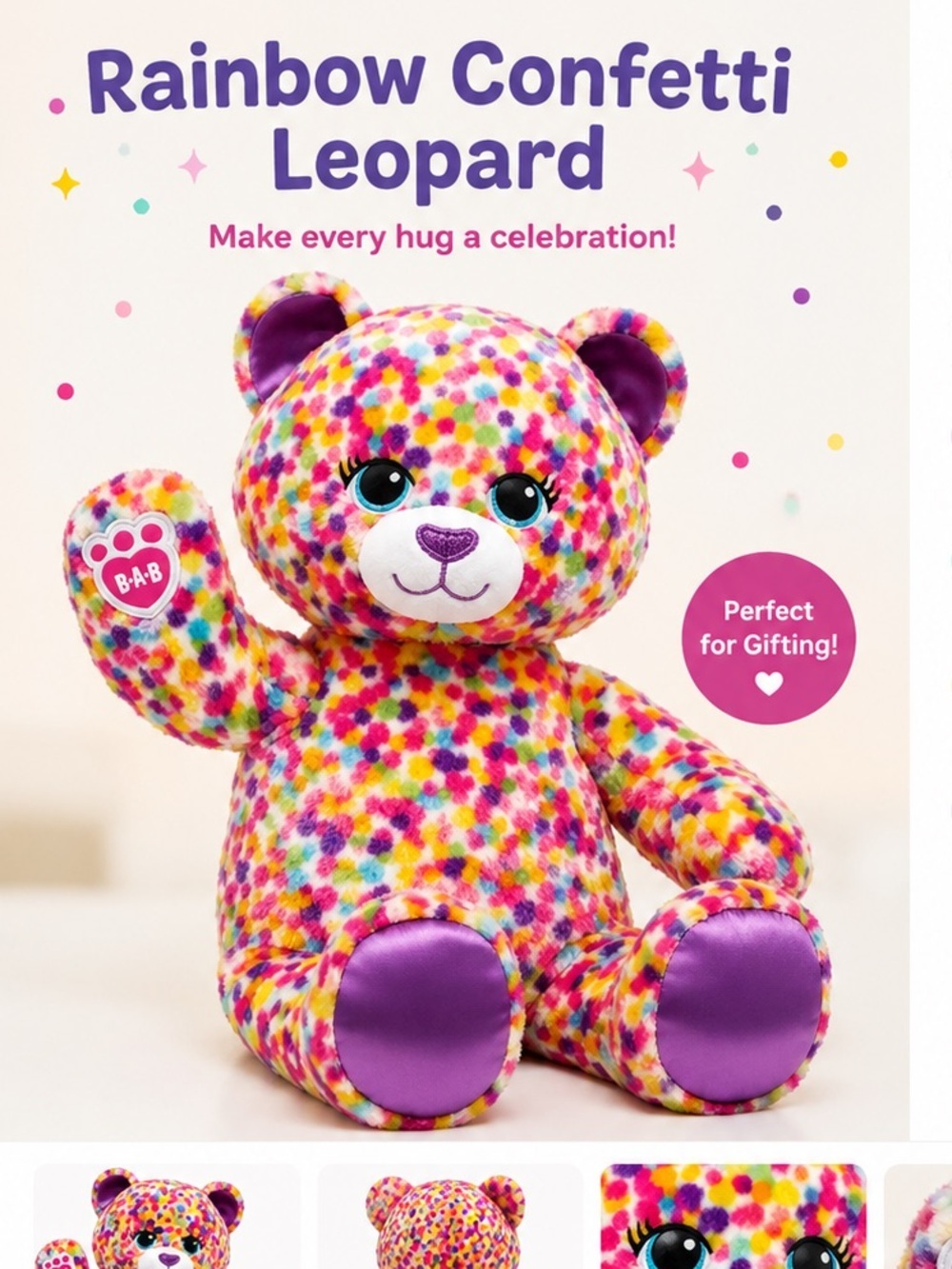 Vintage Build-A-Bear Rainbow Confetti Leopard Plush - Pink, Purple, Yellow, Blue